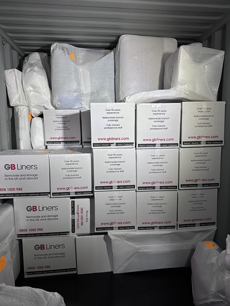 Boxes packed into a GB Liners van, ready for an international move!